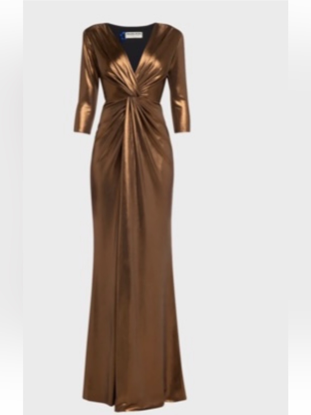 Chiara Boni Bronze Metallic Twist-Front Long Sleeve Gown